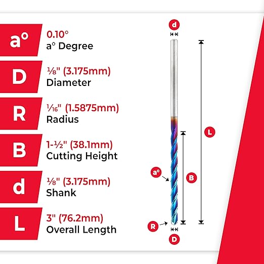 Amana Tool 46295-K CNC Spektra Extreme Tool Life Coated SC 2D and 3D Carving 0.10 Deg Tapered Angle Ball Nose x 1/8 D x 1/16 R x 1-1/2 CH x 1/8 SHK x 3 Inch Long x 3 Flute Router Bit