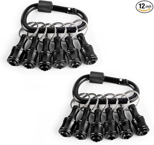 Valkynos 12Pcs Bit Holder Key Chain, Drill Bit Holder for 1/4 Hex Shank Bits, Impact Bit Holders for Screwdriver Bit Set Flexible Drill Bit Extension, w/Black Carabiner Gifts for Men