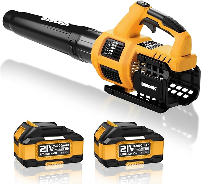 EWORK 21V Cordless Leaf Blower, Powerful Turbo Mode & 550 CFM, 2횞3.0Ah Batteries & Fast Charger, Lightweight Electric Leaf Blowers for Lawn Care, Patio, Leaves & Dust