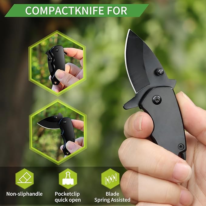 Small Pocket Knife for men, 1.58 Inch Blade, Black Stainless Steel, Compact Keychain knife with Safety Lock and Clip for Camping, Hiking, Daily Tasks, Mini Folding Box Cutter EDC Gadgets Tools