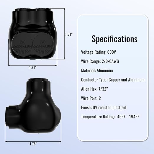 Insulated Connector 2 Port Multi Tap Connector 2/0-6 AWG Single-Sided Entry Aluminum to Copper Wire Connectors Slotted Allen Hex - 6 Pack