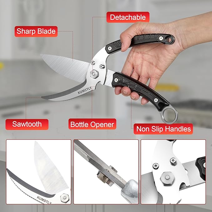 Heavy Duty Poultry Shears Professional Kitchen Scissors for Cutting Chicken, Turkey, Meat, Bones, Vegetables Stainless Steel Spatchcock Shears Multipurpose Food Scissors (Black)