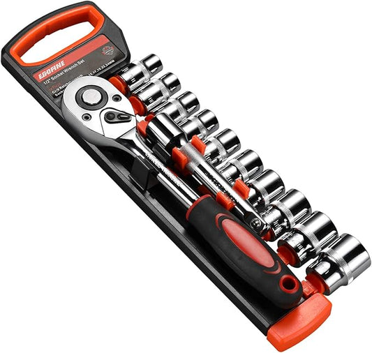 Egofine 12pcs 1/2 Inch Ratchet Socket Wrench Set, Drive Socket Set with 10 Sockets 10-15,17,19,22,24mm and 2 Way Quick Released Ratchet Handle and Extension Bar
