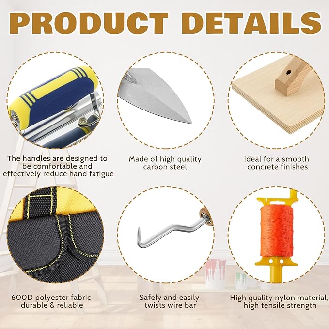 18 Pcs Masonry Hand Tool Set in Tool Bag Includes 6 Pcs Trowel Set Wooden Sanding Board Stainless Steel Putty Knife Brush Rebar Hook Masonry Kit Rubber Gloves Construction Wire (Yellow)