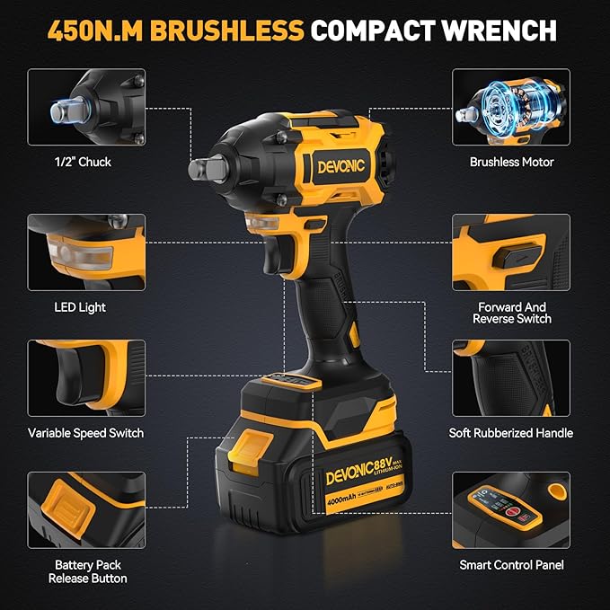 Devonic Cordless Impact Wrench,330ft-Lbs(450N.m) 21V Brushless Power Impact Wrenches,2800RPM High Torque Impact Gun with 2x 4000mAh Batteries, Charger, Electric Impact Wrench For Car Home (450N)