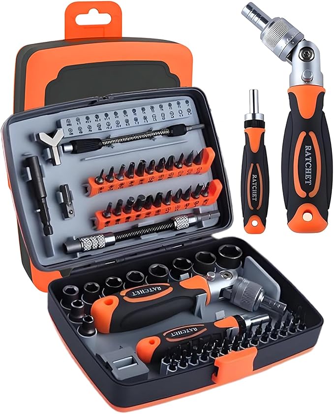 Ratcheting Screwdriver Set, 68 in 1 Socket Set & Magnetic Screwdriver Set with Rotatable Ratchet Handles, Extensions Bar and Storage Case for Phone, Computer, Bike, Car, Electronics Maintenance