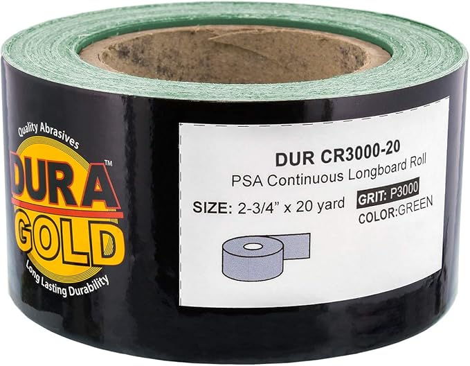 Dura-Gold Premium 3000 Grit Green Film PSA Longboard Sandpaper 20 Yard Long Continuous Roll, 2-3/4" Wide - Self Adhesive Sandpaper for Automotive, Woodworking, Air File Sanders, Hand Sanding Blocks