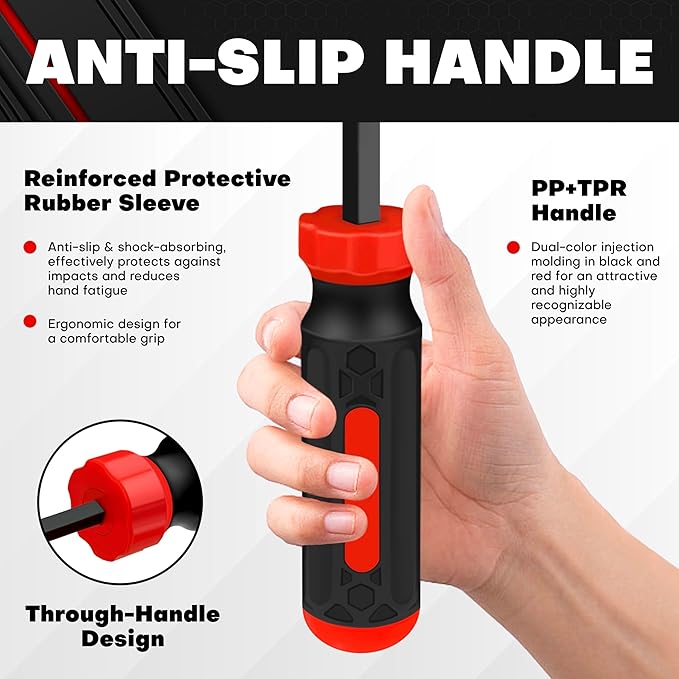 C&T 4-Piece Heavy Duty Pry Bar Set (8",12",18",24"), Premium Mechanic Hand Tools with Thicker Strike Cap & Ergonomic Comfort Grip for Automotive, Demolition & Construction, Black/Red