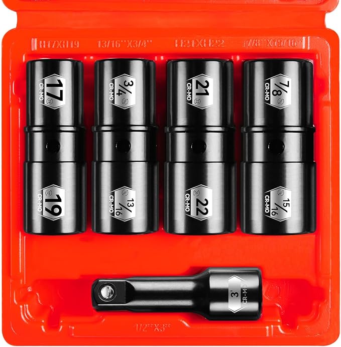 BLACKROBOT 5-Piece 1/2" Drive Lug Nut Impact Socket Set, Include 17mm횞19mm, 21mm횞22mm, 3/4"횞13/16", 7/8"횞15/16" & 3" Extension Bar, Flip Socket Design, Cr-Mo Steel with Electroplated Surface