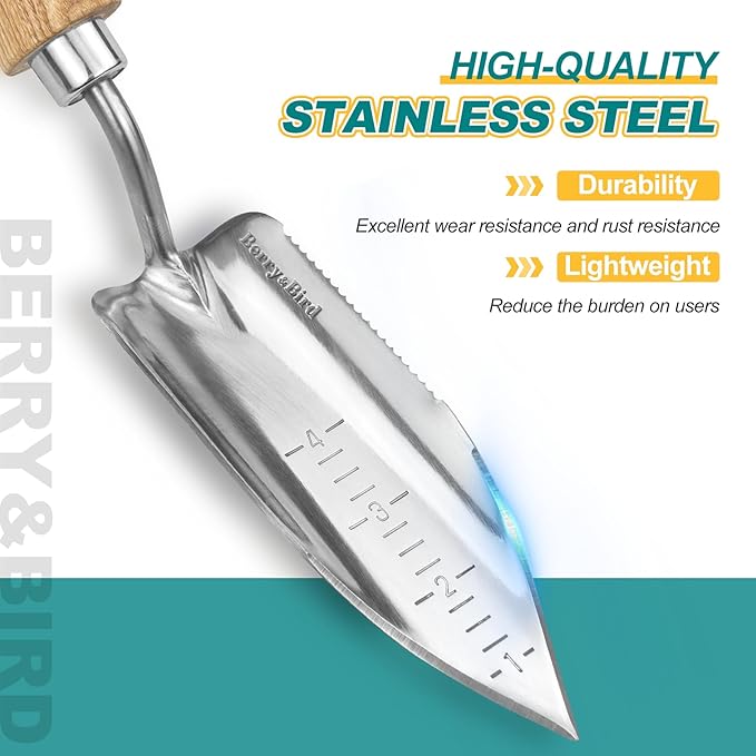 Berry&Bird Potting Trowel, Stainless Steel Serrated Hand Shovel, Wood Handle Garden Trowel Tool with Measuring Scale for Effortless Digging,Roots竊똏lanting, Cutting and Transplanting