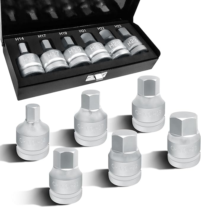 6PCS 3/4"Drive Hex Allen Bit Socket set, Cr-MO H14 H17 H19 H21 H22 H23 Drive Impact Hex Socket Kit, Hex Screwdriver Socket Adapter, Hand Repair Remover Tool