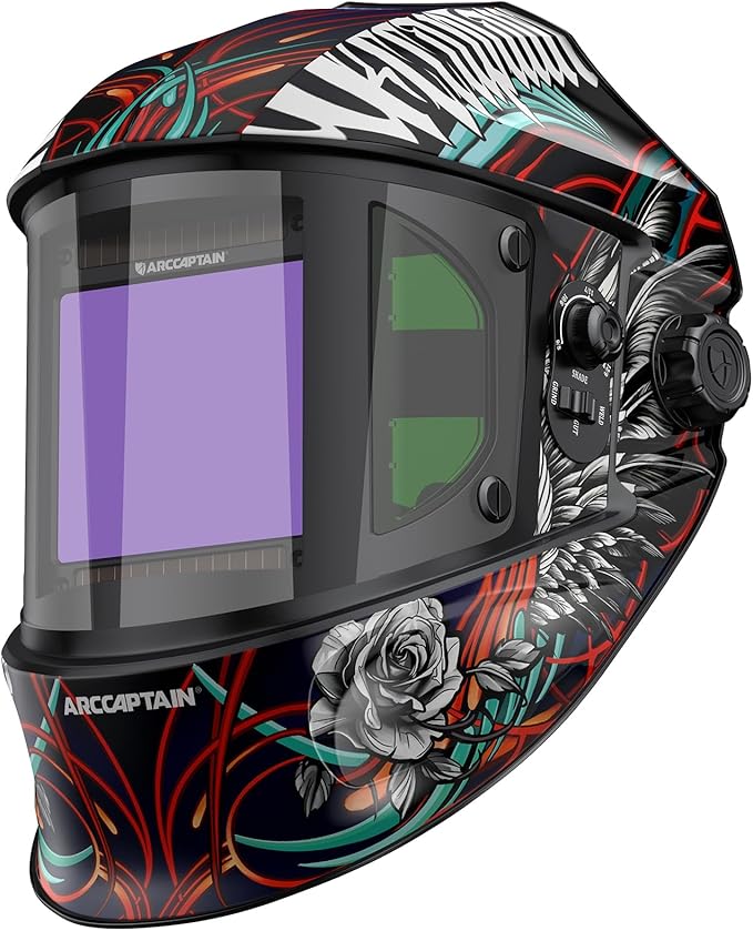 ARCCAPTAIN Auto Darkening Welding Helmet with Side View, 180째 Panoramic View, 1/1/1/1 True Color Large Viewing Welding Hood with 4 Arc Sensor Solar Powered, Wide Shade 4/5-9/9-13 for TIG MIG ARC CUT
