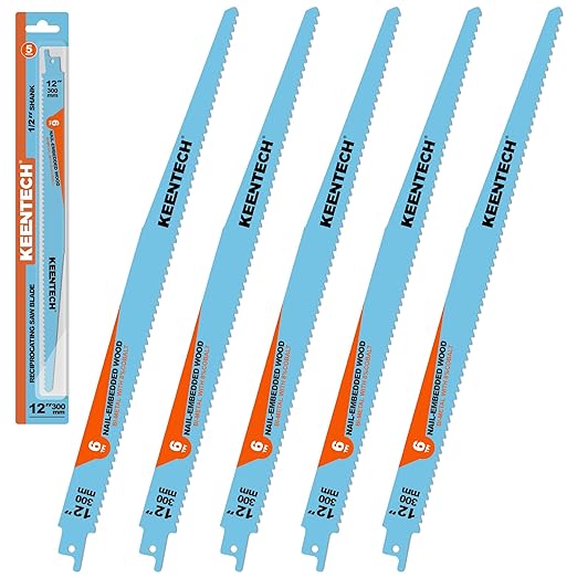 KEENTECH 12 Inch Bi-Metal Reciprocating Saw Blade 5-Pack for Fast Wood Demolition, 6 TPI, Fits Milwaukee Sawzall and Other Reciprocating Saws