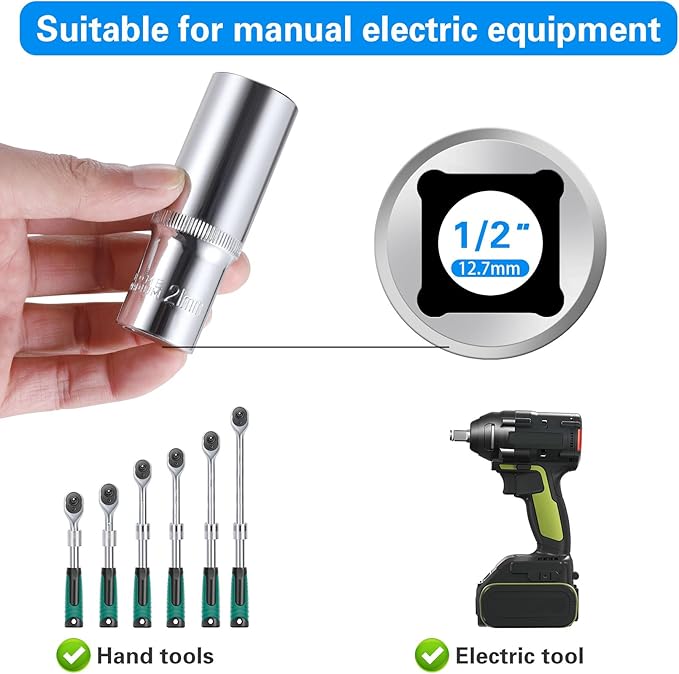 2-Piece 21mm Deep Sockets, 1/2-Inch Drive, 6-Point, 3.1'' Length, Corrosion Resistance, Compatible with Standard Ratchet Wrenches and Tools