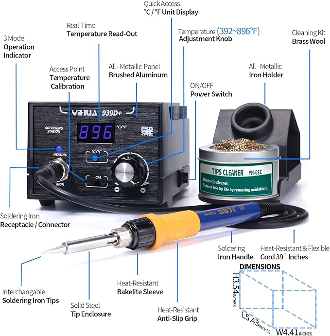 YIHUA 939D+ Digital Soldering Station, 75W Equivalent with Precision Heat Control (392째F to 896째F) and Built-in Transformer. ESD Safe, Lead Free with 째C/째F display (Black)
