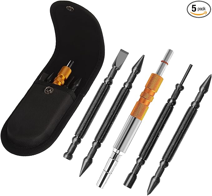 5-Piece Nail Setter Dual Head Nail Set & Dual Head Center Punch & Hinge Pin Remover Punch Set, Nail Setter Features 1/8-in, 3/16-in, 1/16-in, 1/32-in & Trim Nail Punch with Retaining Clip