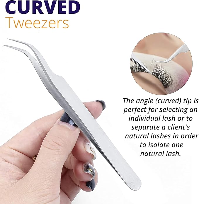 Sivote Eyelash Tweezers, 2-Pack, Hand Calibrated Straight and Curved Tips, Stainless Steel Lash Tweezers for Eyelash Extensions, Matte Silver