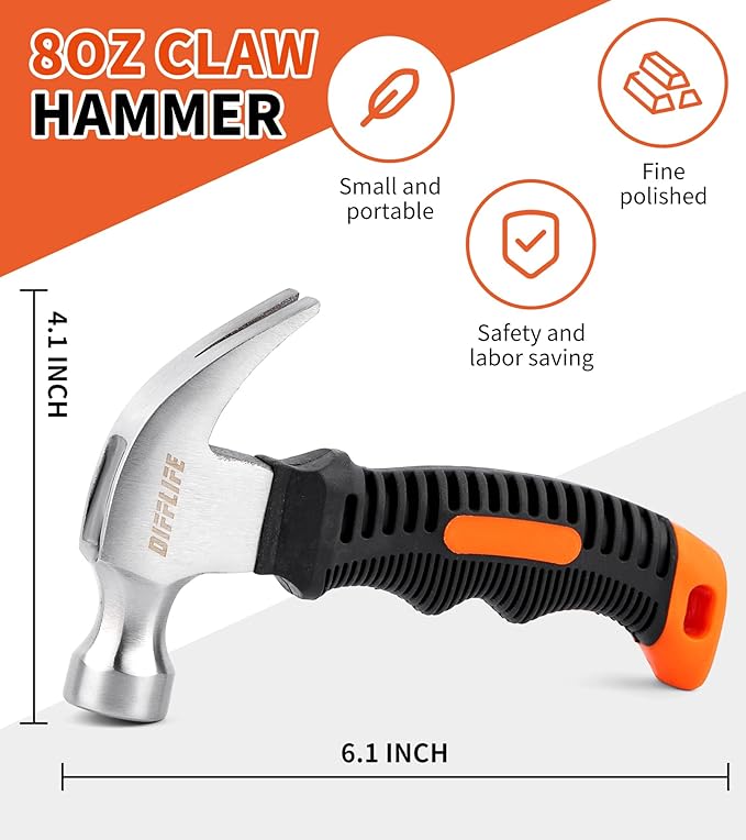 Mini Hammer Set, 8oz Lightweight Tool for Hanging Wall Decor, Hardware Kit, 8 Piece