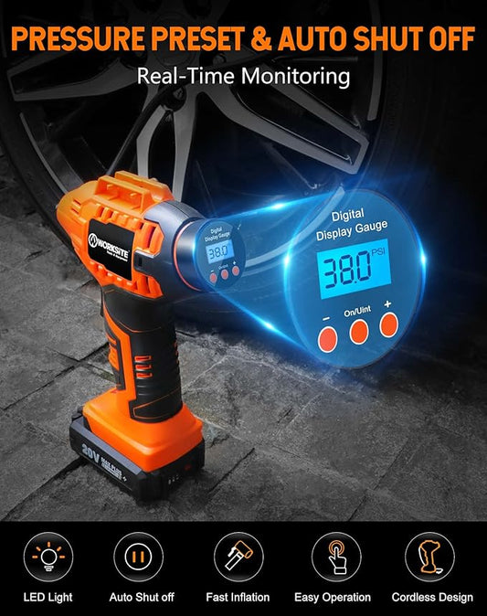 WORKSITE Cordless Tire Inflator Air Compressor,Portable Handheld Air Pump,Battery Powered Car Tire Pump with 12V Car Power Adapter Digital Pressure Gauge for Cars Motorcycles, Orange