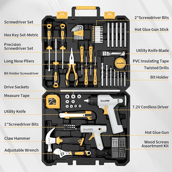 GRENPRO Tool Set Drill Set, 188PCS Tool Kit For Home with Cordless Drill Power, Hand Tool Kit for Women, Basic Household Auto Car Repair Tool Box for Men, Portable Plastic Storage Box Tools Sets