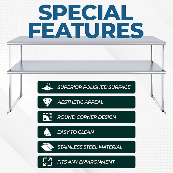 Stainless Steel Work Table with Wide Single Tier Overshelf | Metal Kitchen Prep Table & Shelving Combo (24" x 36" Work Table + 12" Overshelf)