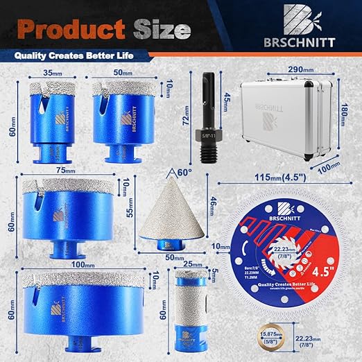 Diamond Core Drill Bit Set - BRSCHNITT Tile Hole Saw Kit 1-3/8"2" 3" 4" & 1" Finger Bit & 2" Chamfer Bit for Porcelain Tile Ceramic Marble Granite Diamond Blade