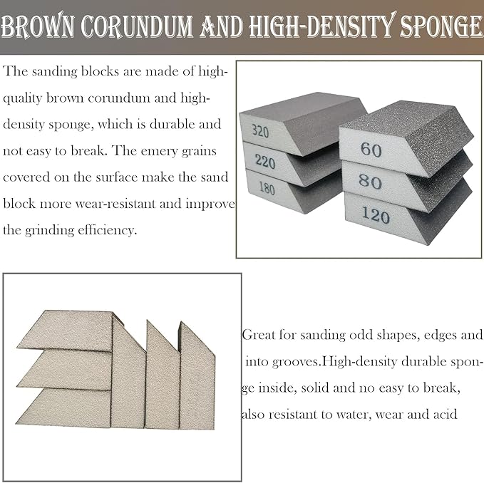 6 Pack Single Sanding Sponge Set - 60/80/120/180/220/320 Grit Sanding Blocks Assortment, Washable and Reusable Sanding Blocks for Wood Drywall Metal Home Sanding…