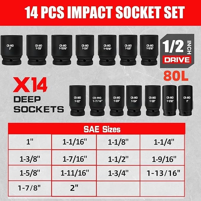 1/2" Inch Drive Deep Impact Socket Set,6-Point,SAE Sizes(1??2??,14 PCS,Cr-Mo Steel,Heavy Duty Impact Sockets for Automotive & Industrial Machinery,With a Storage Case