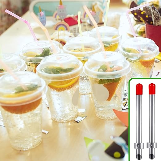 Lasnten 2 Pack Straw Puncher for Plastic Lids Lemonade Cups, Stainless Steel Straw Hole Puncher Punching Tools for Cafe Drinks Fresh Squeezed Lemonade Stand Supplies (6.3 Inch,Red)