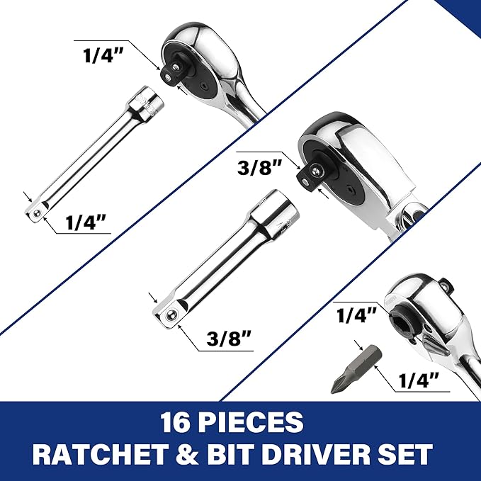 WORKPRO Flex Head Stubby Ratchet & Bit Driver Set 16 PCS, 1/4", 3/8" Drive Ratchet Handle Wrench, 72-T Quick-Release Reversible Socket Wrench, 2 Socket Adapters, 2 Extension Bars, 10 PCS 1/4" Hex Bits