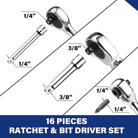 WORKPRO Flex Head Stubby Ratchet & Bit Driver Set 16 PCS, 1/4", 3/8" Drive Ratchet Handle Wrench, 72-T Quick-Release Reversible Socket Wrench, 2 Socket Adapters, 2 Extension Bars, 10 PCS 1/4" Hex Bits
