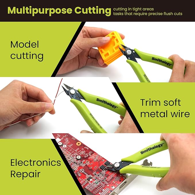 Smithology 4.8??Micro Flush Cutters 3PCS | Made from High Carbon Steel with Hidden Springback Design & Non-Slip Handles for Trimming Metal Wires, Zip Ties, Cables, Circuit Boards, & DIY Projects
