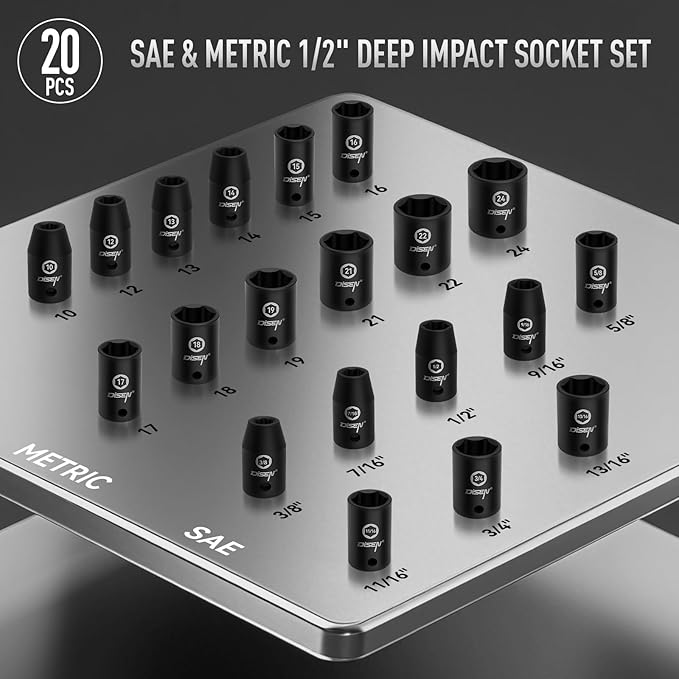 DISEN 20PCS 1/2" Impact Socket Set, Shallow Sockets SAE 13/16"-3/8" & Metric 10-24mm, 6-Point Cr-V & Alloy Steel, 1/2 Inches Drive Impact Socket Set,Rugged Construction, Enhanced Storage Case