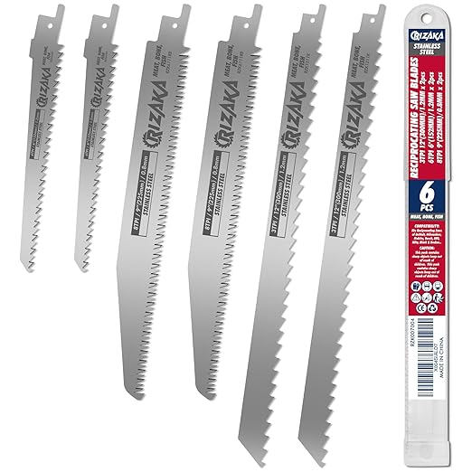 6 Pack Reciprocating Saw Blades for Frozen Meat, Bone, Fish - 3TPI 12"(300mm)/1.2mm x 2 pcs, 6TPI 6"(152mm)/1.2mm x 2pcs, 8TPI 9"(225mm)/0.8mm x 2pcs - Stainless Steel Sawzal Blades + Storage Box