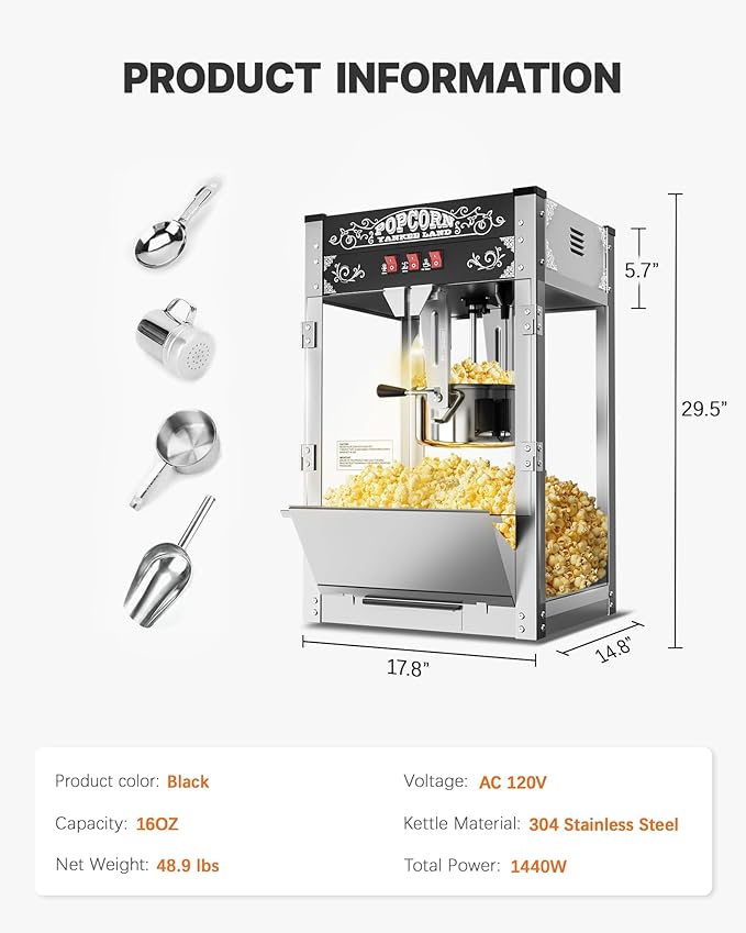 16 Oz Commercial Popcorn Machine, 1440 W, Movie Theater Popcorn Machine, Black Tabletop Pop Corn Machine with 3-Switch Control & Steel Frame Tempered Glass Doors