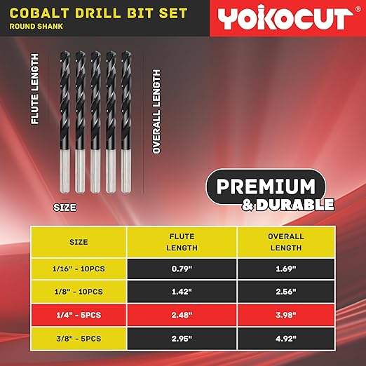 1/4 Inch Cobalt Drill Bit Set 5PCS | High Speed Steel | Drill Bit for Stainless Steel and Hardened Metal | HSS M35 Titanium Aluminum Nitride Coating