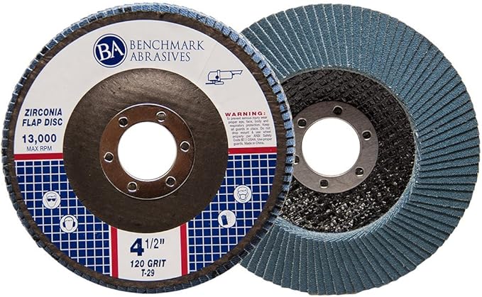 Benchmark Abrasives 4.5" x 7/8" Premium Zirconia T29 Angled Flap Discs 4 1/2 for Angle Grinder, Sanding Discs, Finishing, Rust, Stock Removal- Grinding Wheels 4 1/2 Inch (100 Pack) - 120 Grit