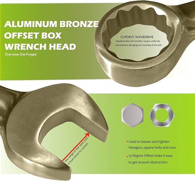 WEDO Non-Sparking Combination Wrench, Spark-free Safety Combination Spanner, Aluminum Bronze, Die-Forge, DIN 3113, BAM & FM Certificate, Size 1/2", 175mm Length