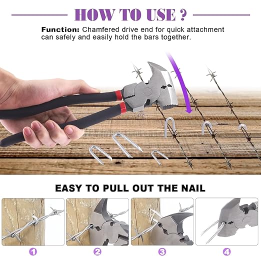 Swpeet 151Pcs 10 Inch Fencing Plier and 3 Sizes 3/4" 5/6" 3/2" Steel Wire Staples Set, Fence Tools, Nail Puller Pliers, Staple Puller, Steel Wire Staples for Fencing, Wire Mesh and Woven Fencing