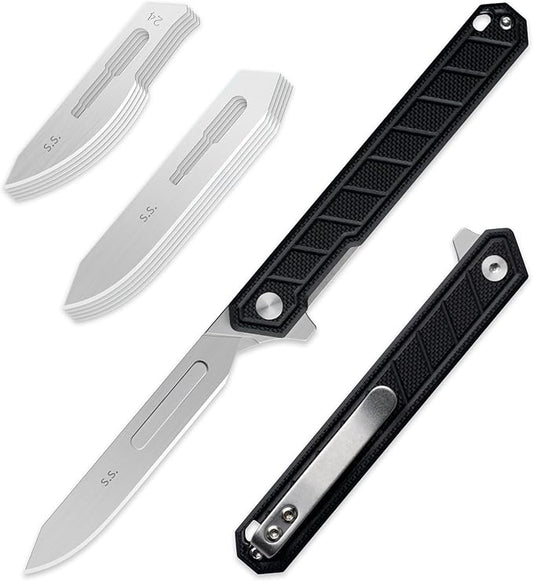 G046 Mecha Mini Slim Folding Scalpel with 5pcs #24 and 5pcs #60 G11 Handle with Liner Lock, Utility EDC Pocket Knife with Back Clip（Black）