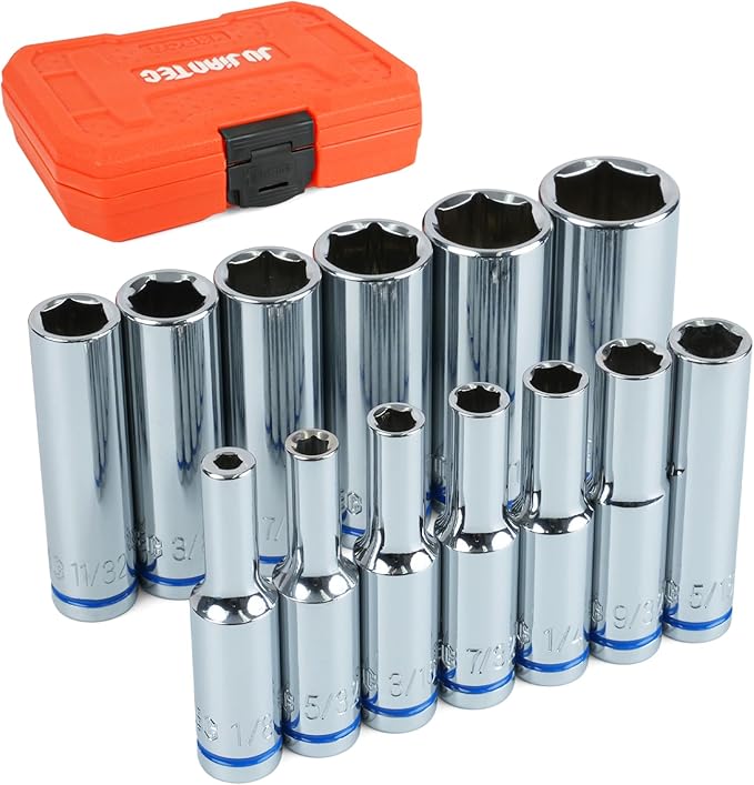 1/4" Drive SAE Master Socket Set, 13-Piece Deep Hex Socket Set (1/8" - 5/8"), Cover Most Commonly Sizes, 6 Point, Chrome Vanadium Steel with Molded Case