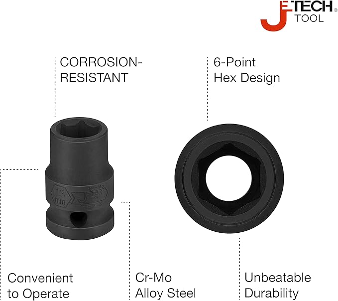JETECH 1/2 Inch Drive 13mm Standard Impact Socket, Chrome Molybdenum Alloy Steel, 6-Point Design, Metric