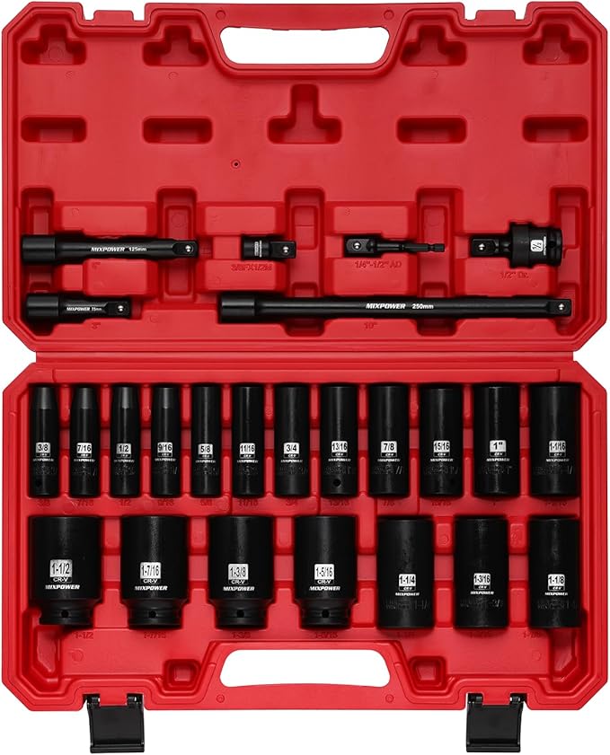 MIXPOWER 25 PCS 1/2??Drive Impact Socket Set, 3/8" to 1-1/2" Deep Socket, 6-Point Hex Socket with Portable Case,SAE,CR-V&CR-MO Steel