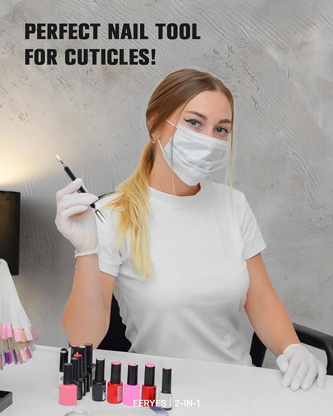 FERYES Upgraded Dual Head Cuticle Pusher Remover Tool - Curved & Chisel Edge Stainless Steel, Ergonomic Non-Slip Handle for Professional Salon & Home Manicure Nail-Black