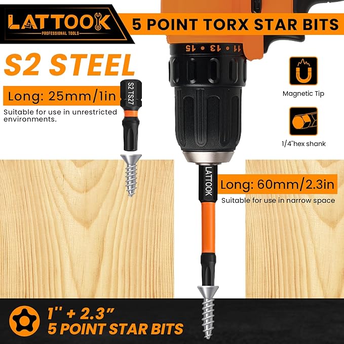 19-Pieces 5 Point Star Torx Bit Set, LATTOOK Security Tamper Proof Torx Driver Bit Set, Magnetic S2 Steel, 2.3'' & 1'' Long, T10, T15, T20, T25, T27, T30, T40, T45, T50