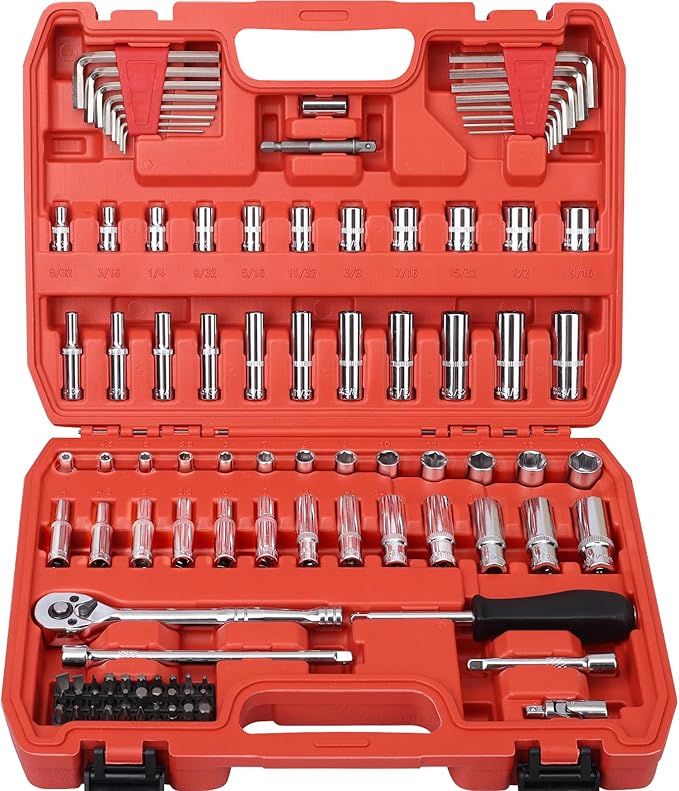 Egofine 1/4?쒭rive Socket Ratchet Wrench Set,101 PCS Metric(4-14mm),SAE(5/32-9/16??,with 72-Teeth Ratchet Wrench,Bit Socket Set,Extension Bar,Allen wrench for Auto Repair and Household