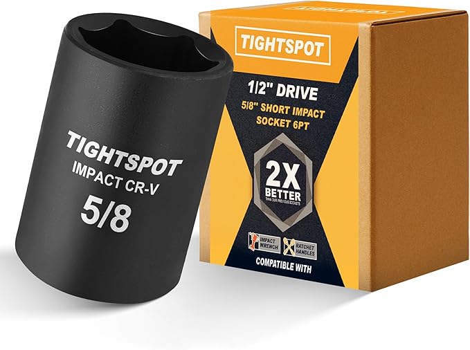 TIGHTSPOT 1/2 Inch Drive 5/8 Inch Shallow Impact Socket with Anti-Rounding 6 Point Design, Heat-Treated CRV Steel