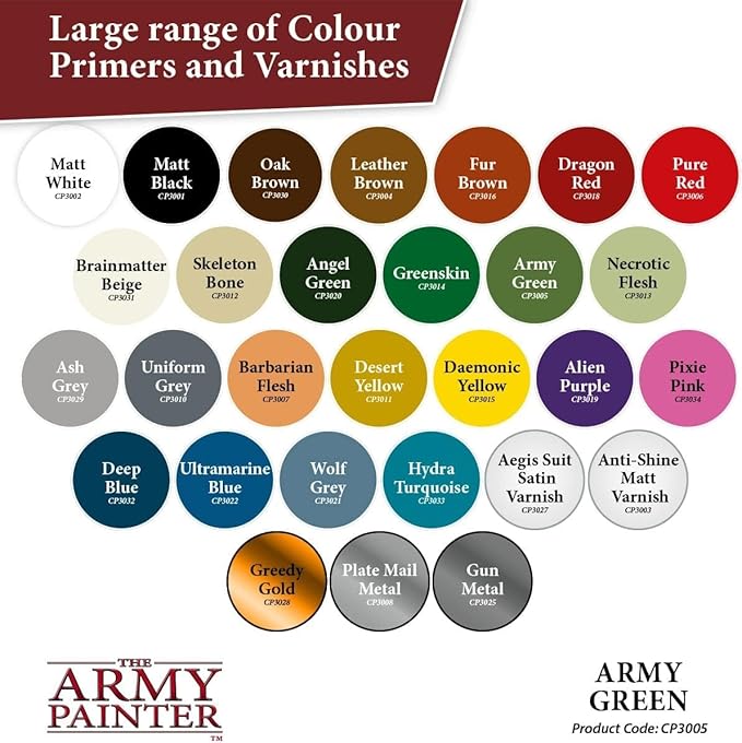 The Army Painter, Base Primer Army Green, 400 mL Acrylic Spray Primer, Spray Paint Basecoat for Miniature Priming, Tabletop Roleplaying, Boardgames, and Wargames Miniature Modellin