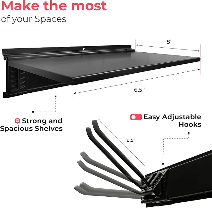 Heavy-Duty Garage Wall Storage System | Wall Mounted Tool Organizer Rack with Shelving | 10-Piece Mounting Kit | Includes 4x8.5??Adjustable Hooks & 2x16.5??Floating Utility Shelves