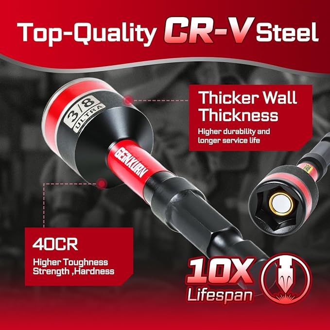 Impact Nut Driver Set, 16 Pieces 2.56?쒵ong 3/8?? Point Alloy Steel Magnetic SAE Nut Setter Set Use For Require Installing 1/4 Hex Shank Impact Driver with Portable Storage Cases